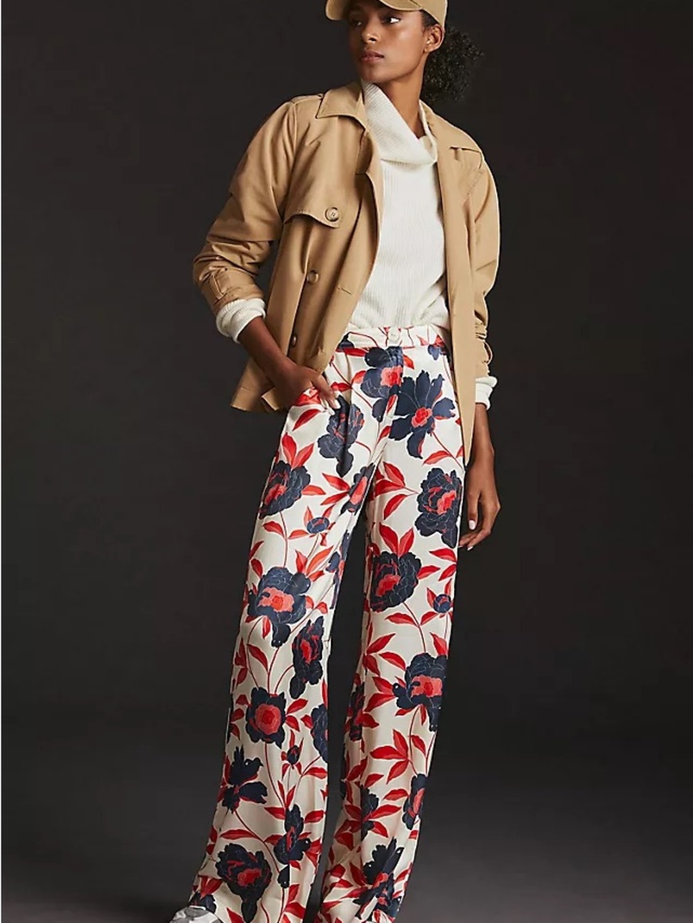 Corey Lynn Calter Satin Cream Wide-Leg Red & Navy Floral Pants